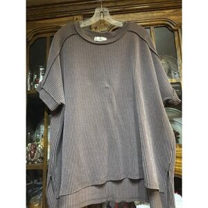 Zenana Women's Short Sleeve Blouse 1x-2x Two Tone Brown Stripe Office Comfy